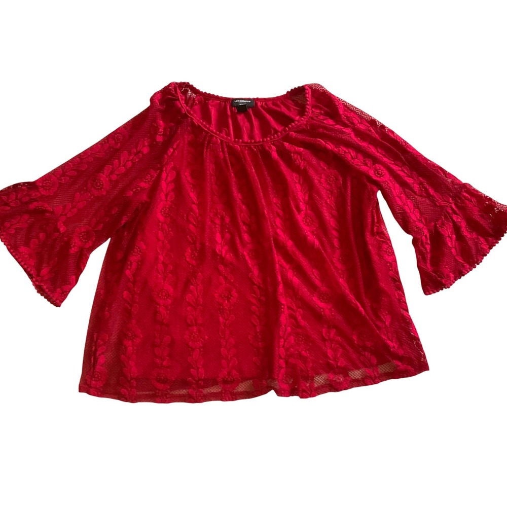 Liz Claiborne Career Women 3X Red Floral Lace Bell Sleeve Top‎ Blouse Plus Size
